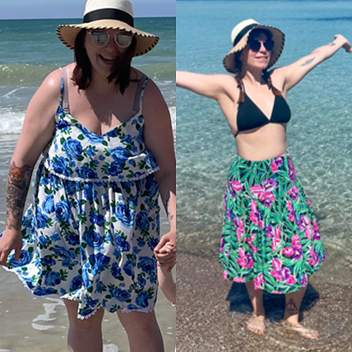 Slimming World member Lisa's weight loss before and after. In both images, she is wearing a summer dress, hat and standing on a beach.