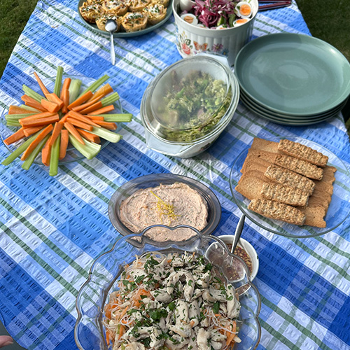 Nicola Ruth's Slimming World Picnic spread, including carrot sticks,  Slimming World mini quiches, potato salad, hummus and pasta salad.